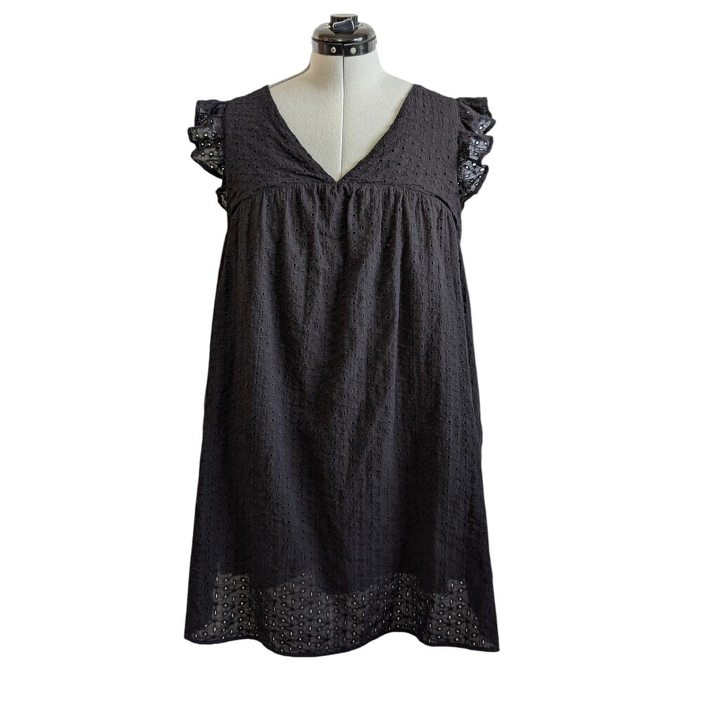 Arula Black Cotton Eyelet Mini Dress Size XL Boho Chic Feminine Cottagecore